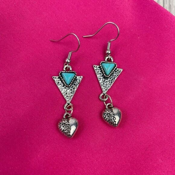 Boho Triangle Earrings With Heart Turquoise Resin Silver Coated Dangle Earrings - Picture 1 of 5